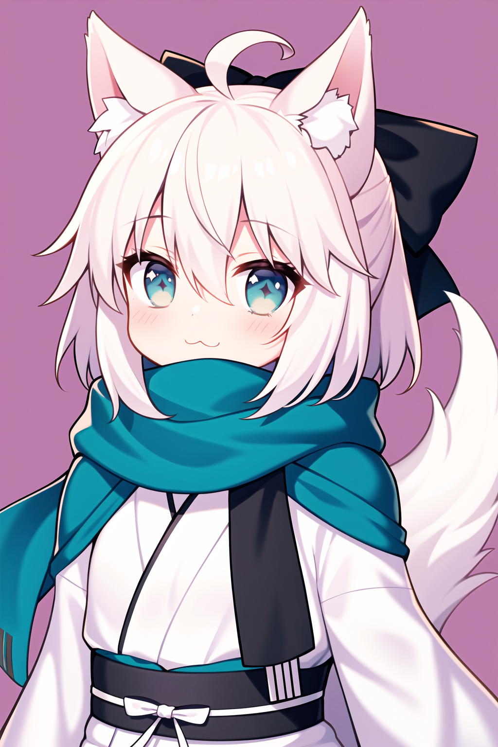 06767-1516987061-okita souji (fate), okita souji (koha-ace), 1girl, animal ears, _3, tail, chibi, bow, ahoge, black scarf, black bow, hair bow, j.png